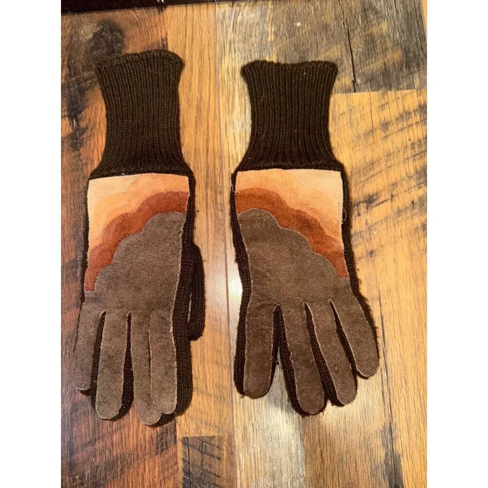 Vintage 80's‎ Brown Knit Gloves With Suede Design